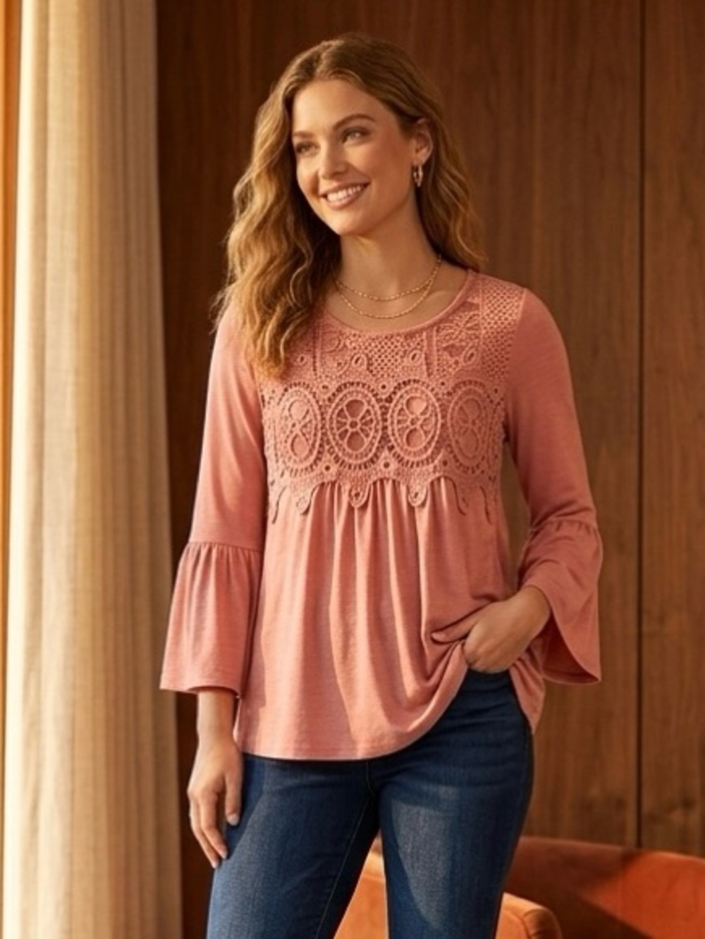 Absolutely Famous Dusty Rose Crochet Yoke Ruffle Sleeve Camisole